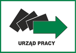 Logo urzędu pracy w Jaworznie, Zielona strzałka, czarne kwadraty, białe tło.